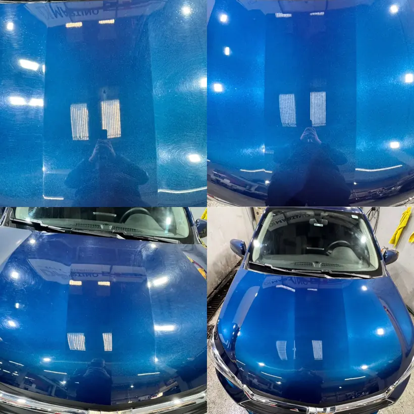 Comparativa de cuatro tomas del capó azul tratado