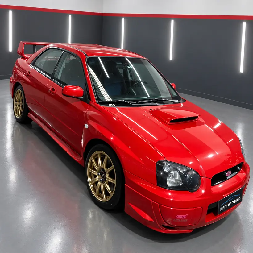 Subaru Impreza rojo con llantas doradas