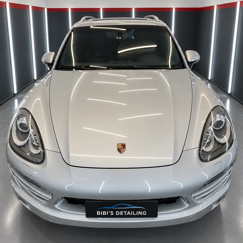 Porsche Panamera plateado de frente con la chapa del taller