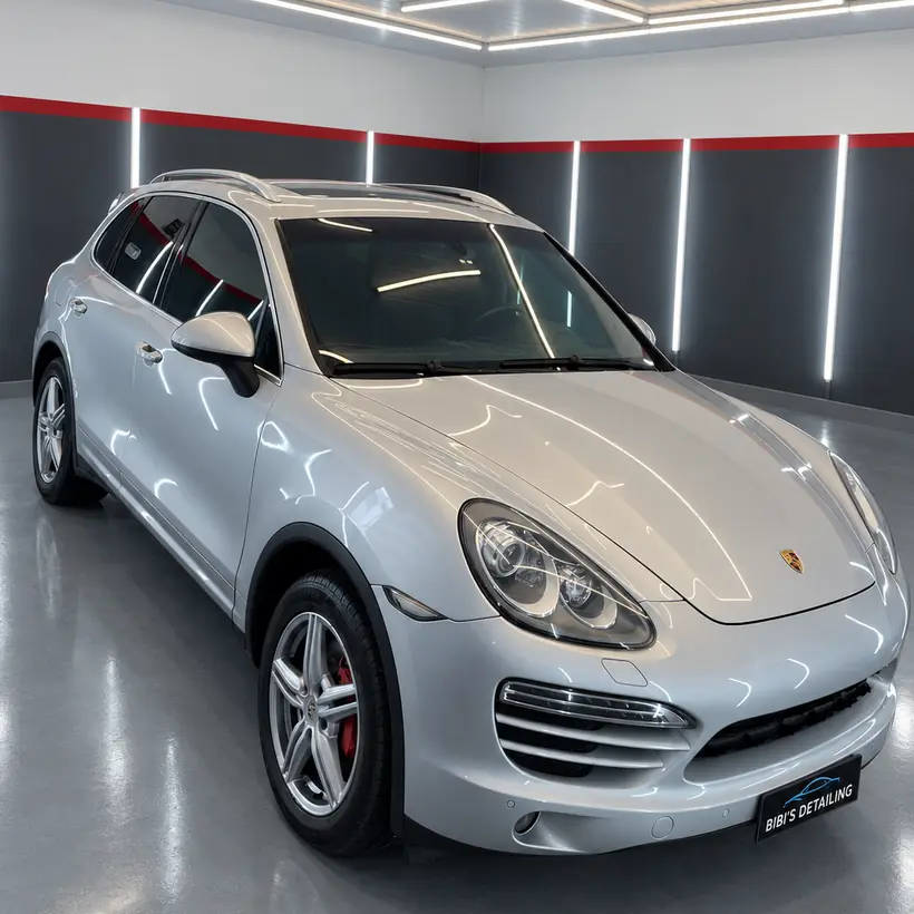 Porsche Cayenne plateada de frente