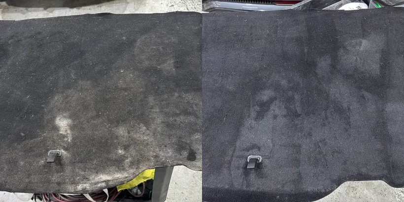 Alfombra de baúl sucia y la misma alfombra limpia, antes y después