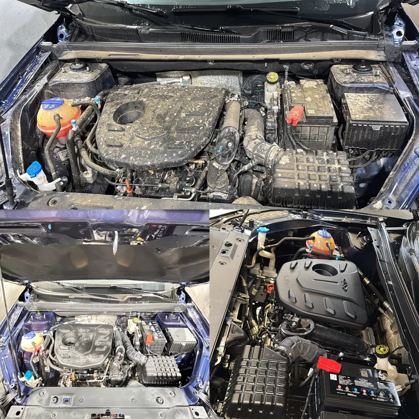 Motor de un auto azul cubierto de tierra arriba y desengrasado abajo