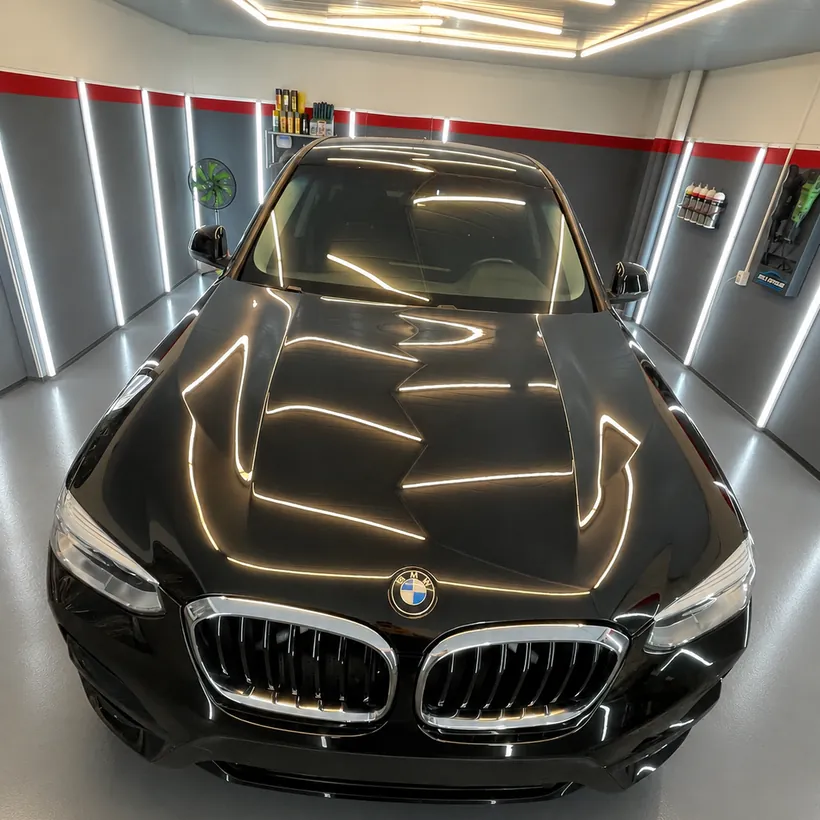 Frente de un BMW X3 negro terminado