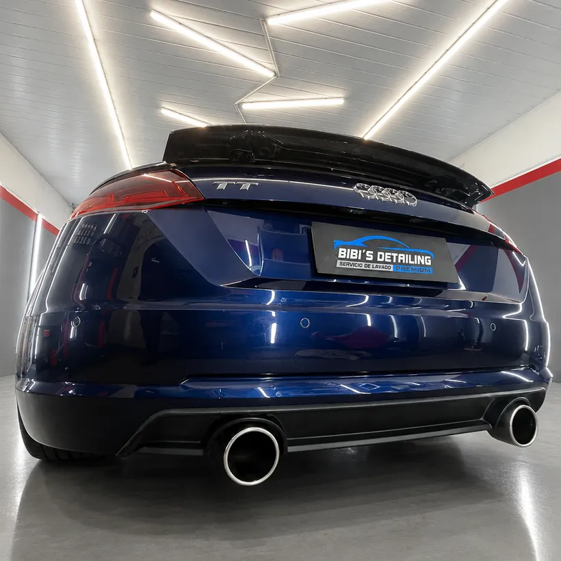 Cola de un Audi gris con la placa de BIBI'S DETAILING