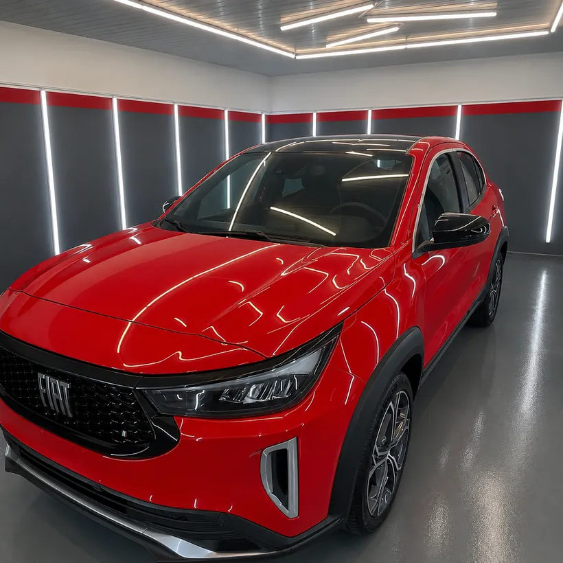Frente de un SUV rojo con el reflejo de las luces del box